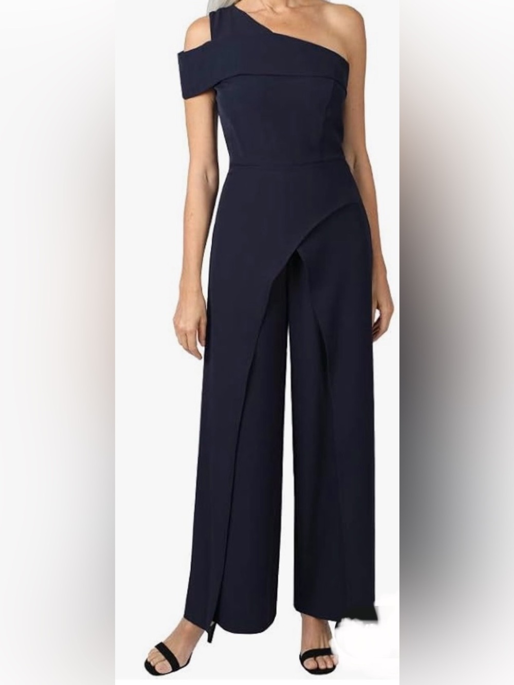 MARINA Navy Wrap-Front Wide-Leg Jumpsuit